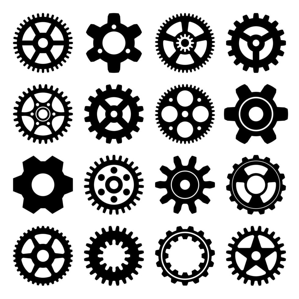 engranaje de rueda dentada mecánica 16 tipo conjunto de colección de silueta negra vector