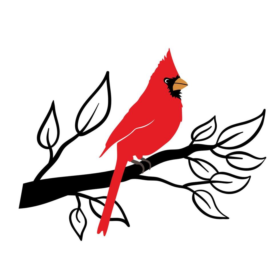 The red bird cardinal sits on a branch of a tree. Vector illustration in flat style, hand drawn.