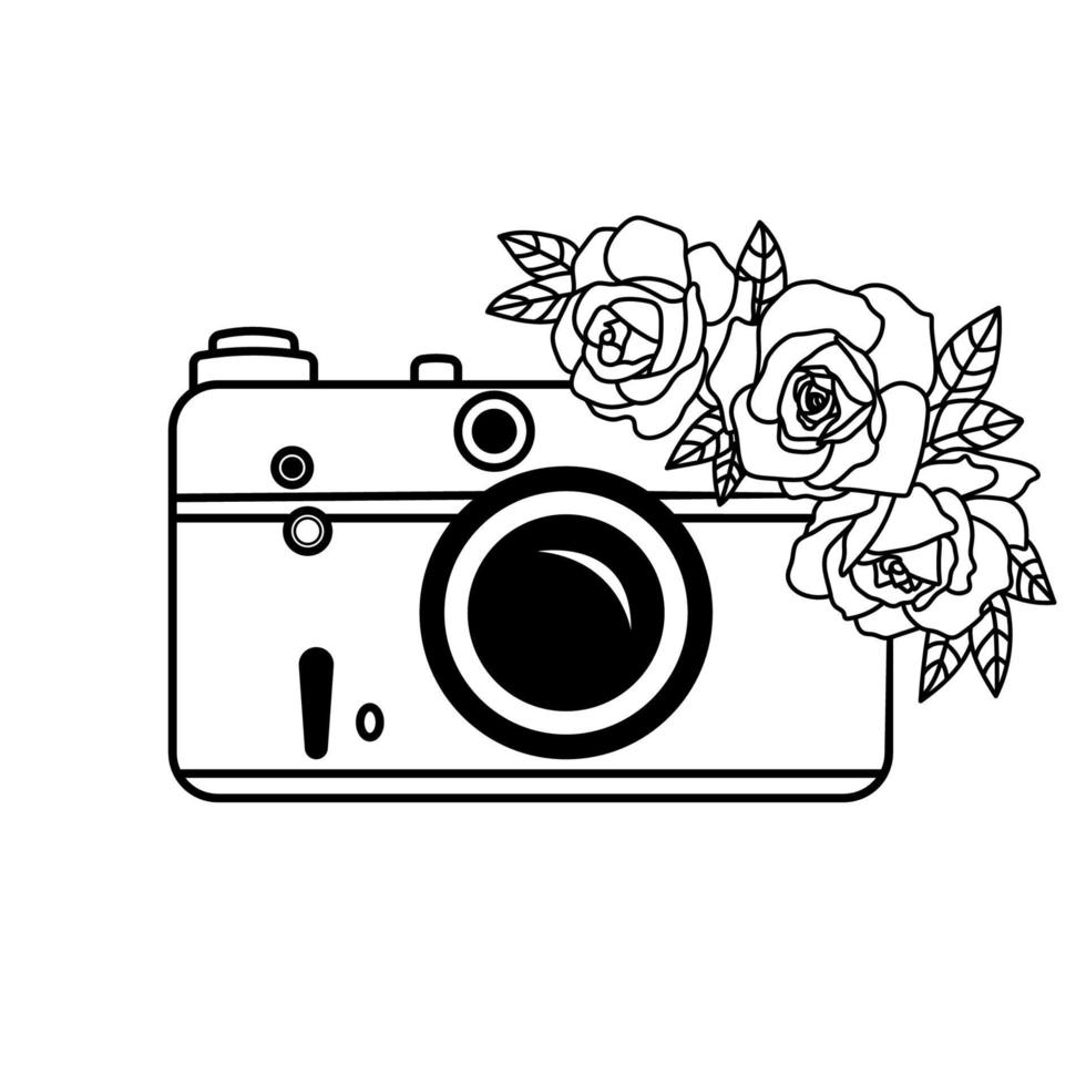 cámara floral. ilustración de contorno vectorial. cámara de fotos con flores. ramo de rosas. vector