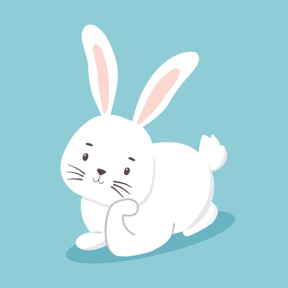 Cute character white bunny lying and dreaming. Vector illustration of rabbit isolated on blue background. Symbol new year 2023 and Easter