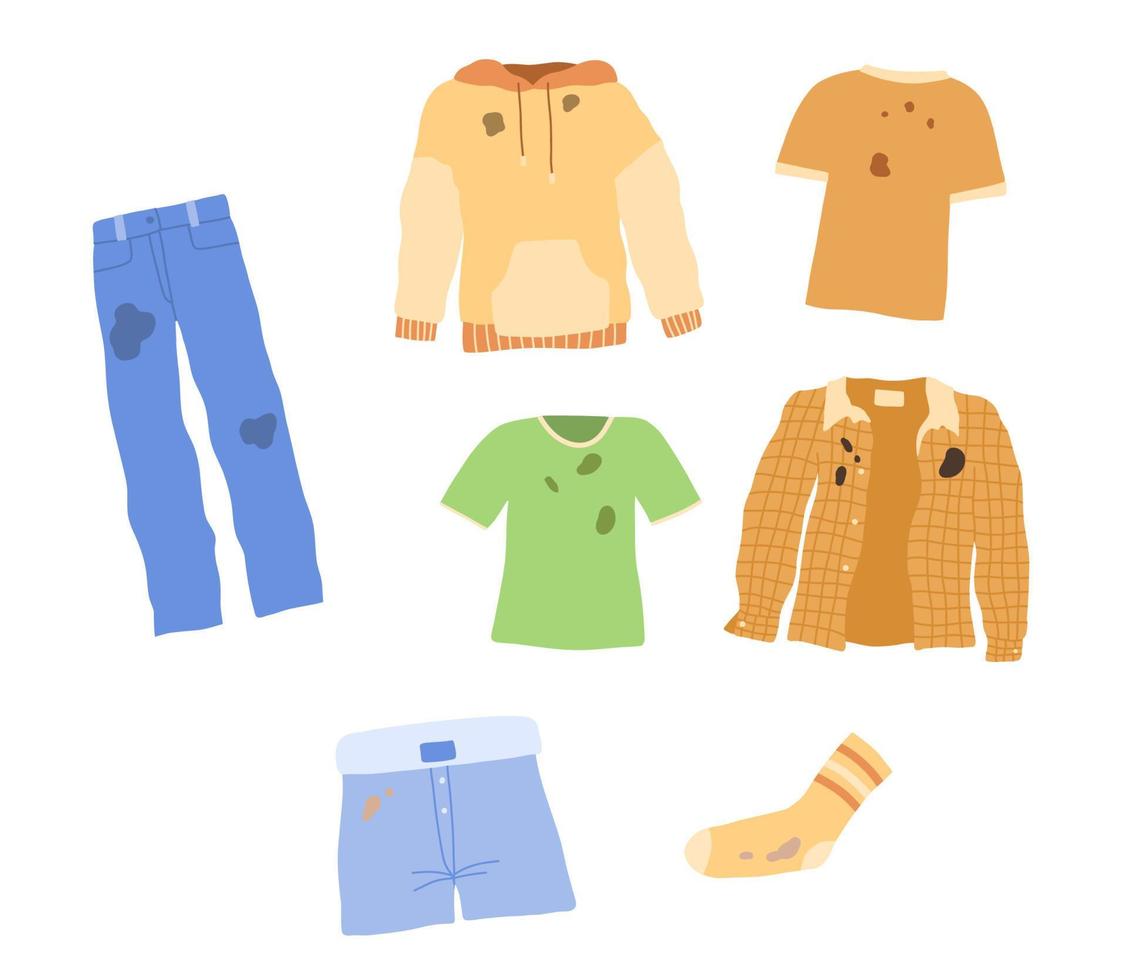 Set of dirty clothes. Jeans, shirt, sock with dirty spots isolated on white. Vector illustration in flat cartoon style.