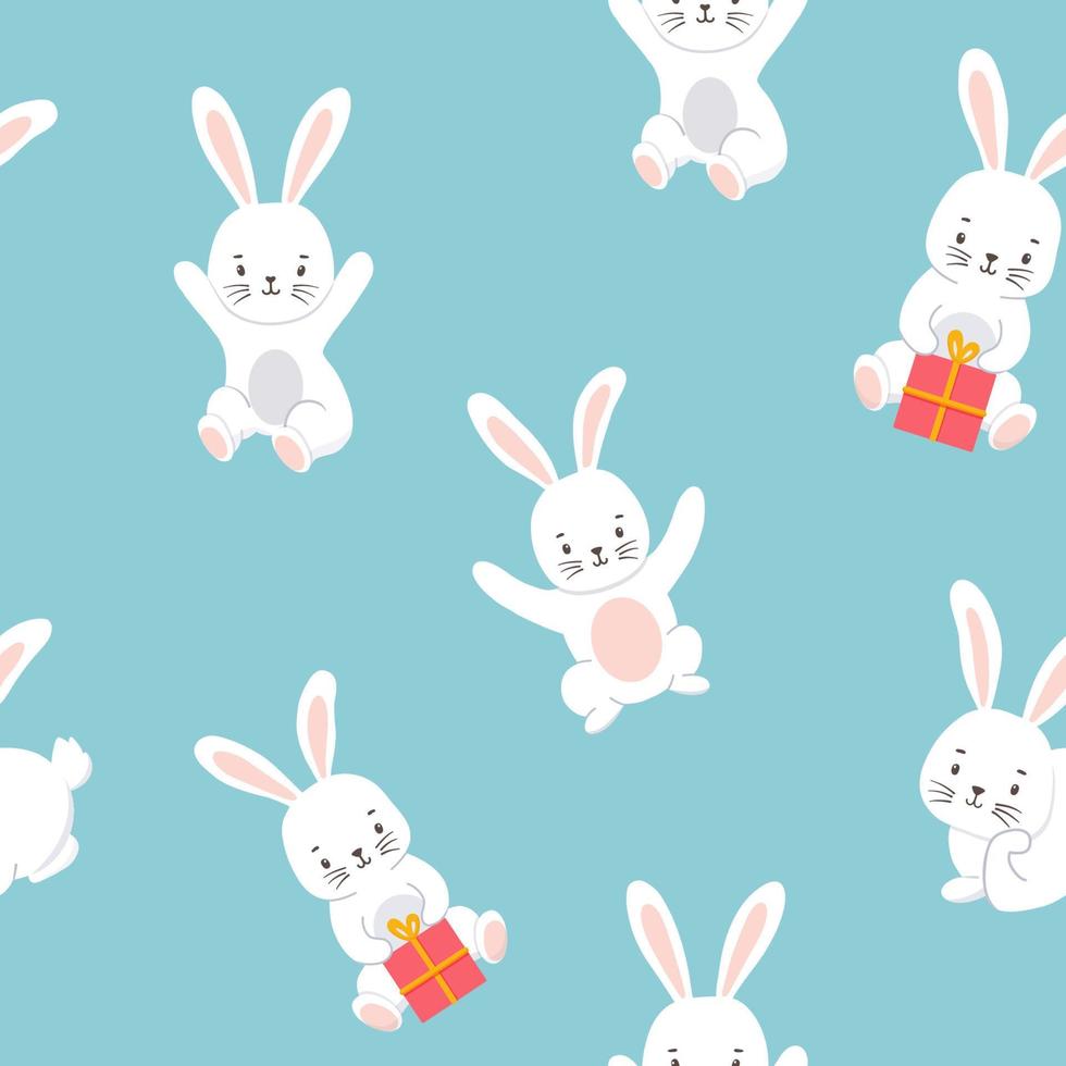 Seamless pattern with Cute character white bunny. Vector illustration of rabbit isolated on blue background. Symbol new year 2023 and Easter