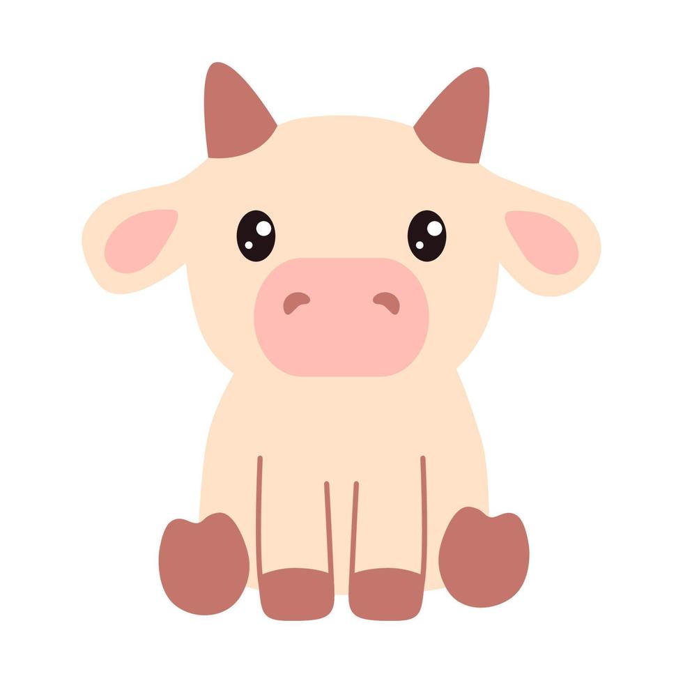 Cute cow, farm animal is isolated on white background. Vector Illustration for children with a seated calf