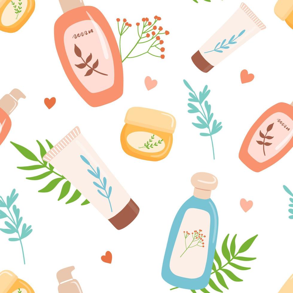 Seamless pattern. Skin care products illustration, body lotion, face toner and cream, liquid soap. Flat vector cosmetic object in tube with leaves