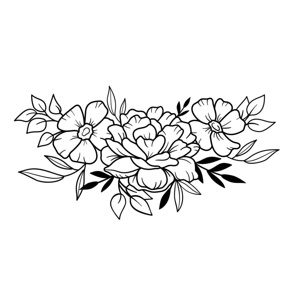 borde de flores con flores y hojas en estilo de contorno. peonías vectoriales. ramo elegante dibujado a mano vector