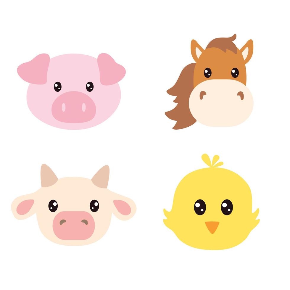 conjunto de dibujos animados lindos animales de granja caras aisladas sobre fondo blanco. cabeza de vaca, cerdo, caballo y pollito para niños. vector