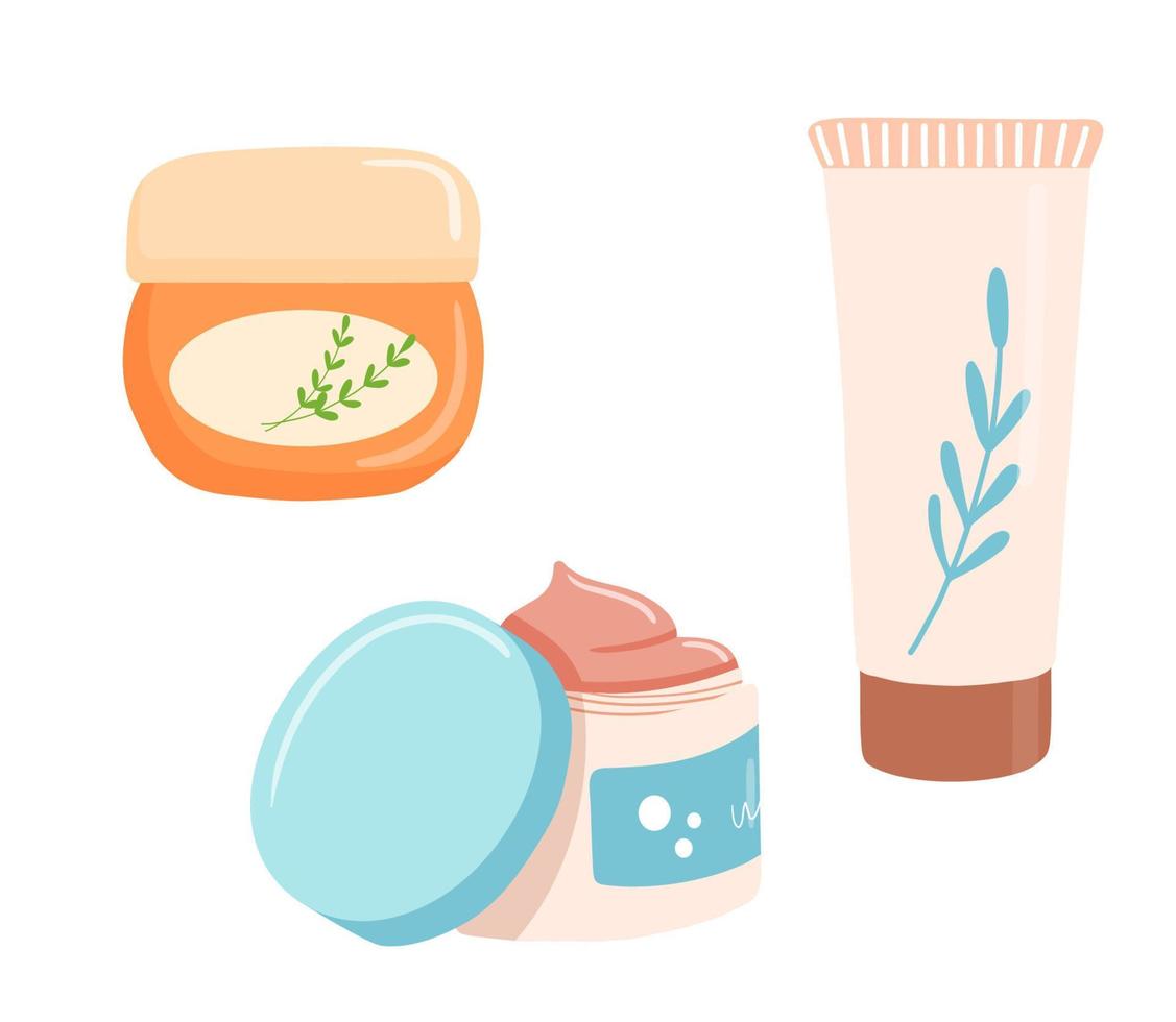 Skin care products illustration, body lotion, scrab and cream, liquid soap. Flat cosmetic object in tube with palm leaf vector