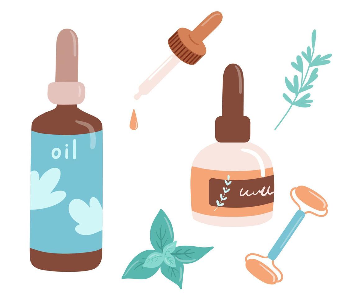 ilustración de productos para el cuidado de la piel, aceite y rodillo facial. objeto cosmético plano con hoja aislada sobre fondo blanco vector