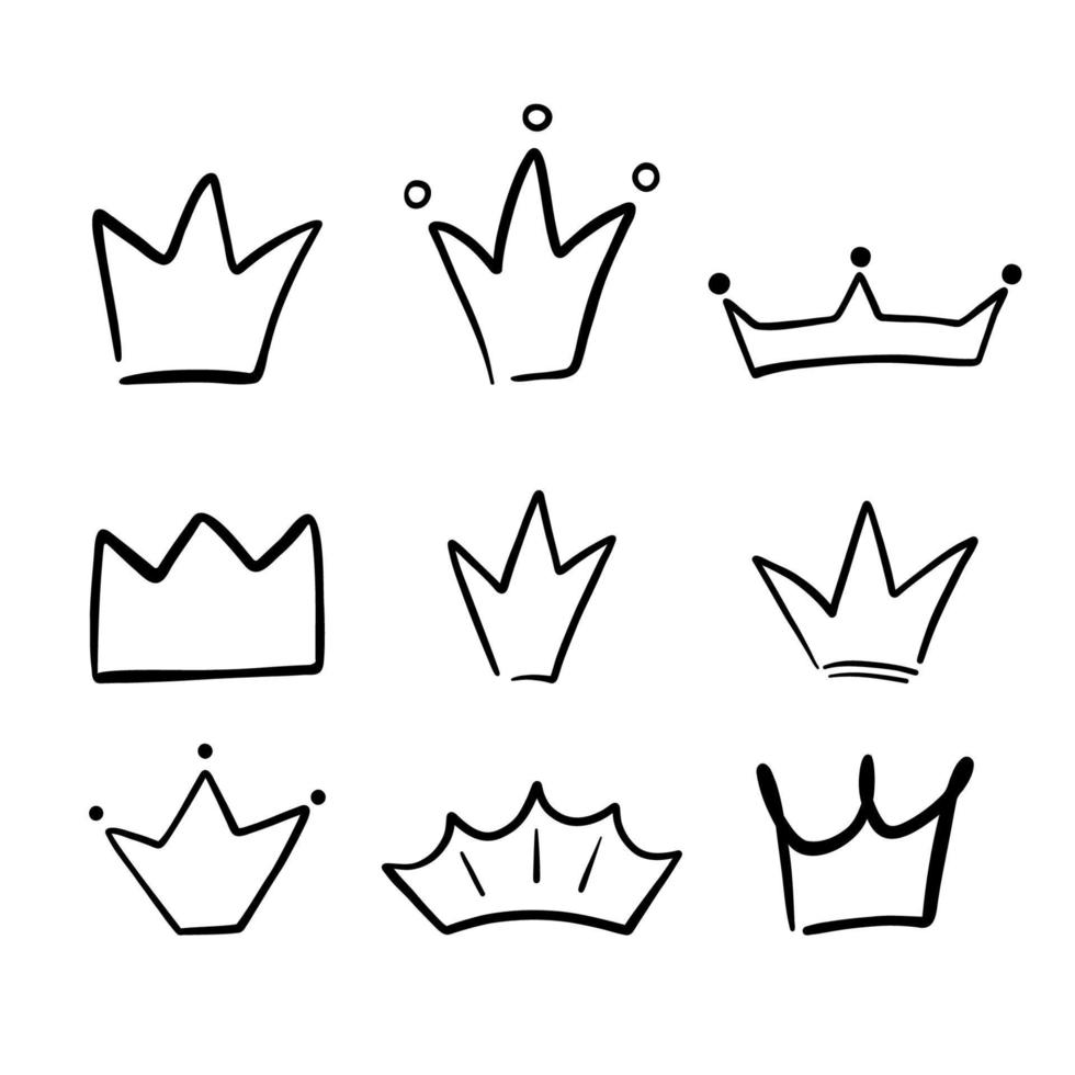 Set of different crowns and tiaras. Hand drawn doodle crown isolated on white. Vector sketch