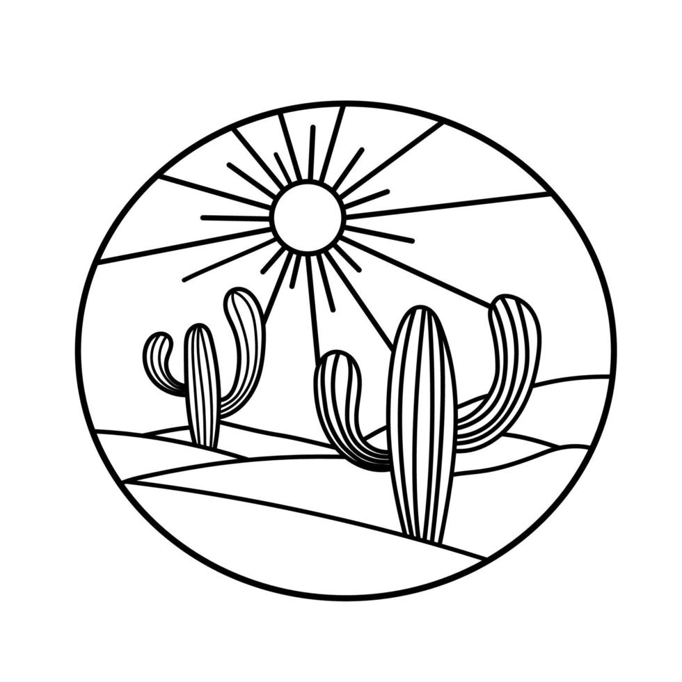 desierto, cactus y sol - paisaje inscrito en un círculo. imagen vectorial  en blanco y negro. ilustración del esquema 7946165 Vector en Vecteezy