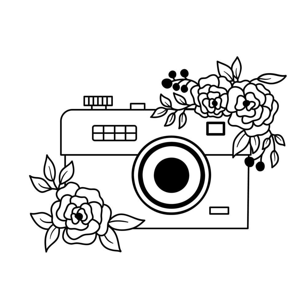 Hand drawn vector illustration in outline style. Retro camera with flower bouquet of flowers.
