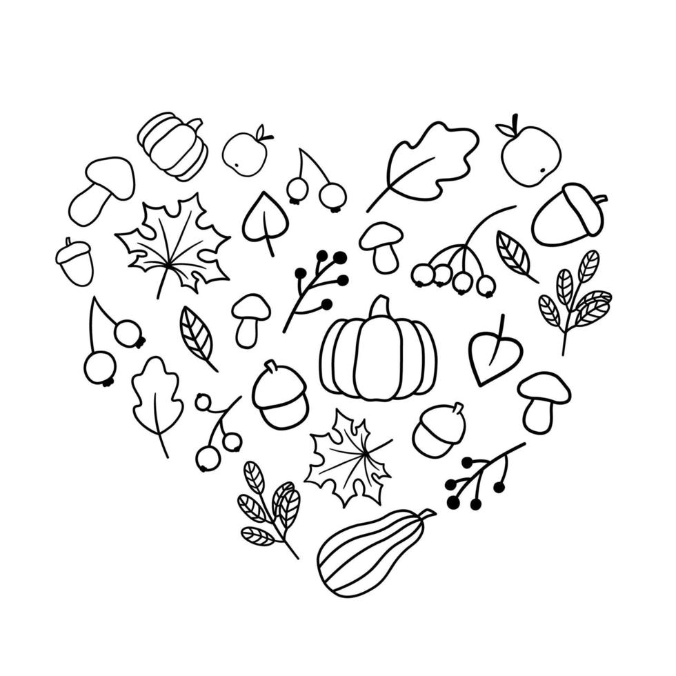 Sketchy vector hand drawn leaves, pumpkin, acorn. Doodle set of objects and symbols on the autumn theme in the shape of a heart