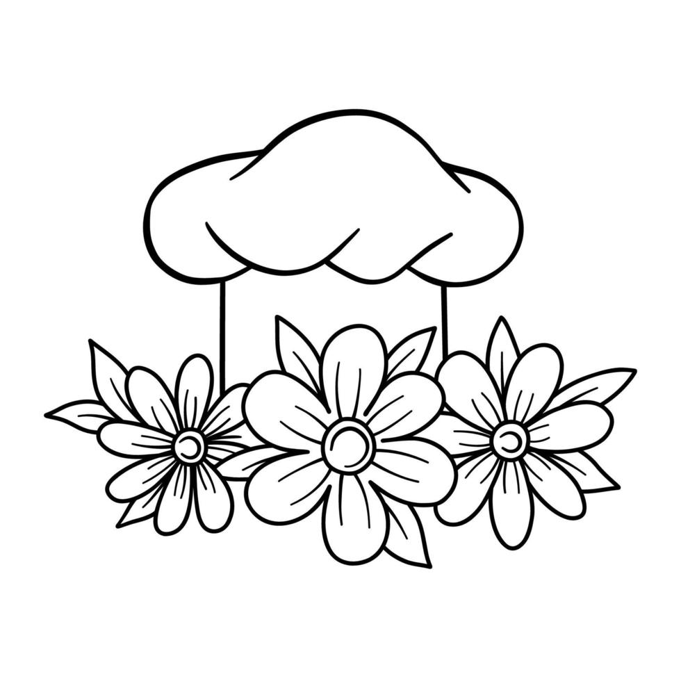 Chef hat with flowers bouquet. Vector illustration in outline style isolated on white background. Line Logo for bakery, cafe