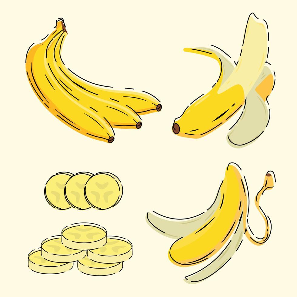 varios conjuntos de frutas frescas de plátano icono moderno racimo de plátano rodaja de plátano y cáscara de plátano vector