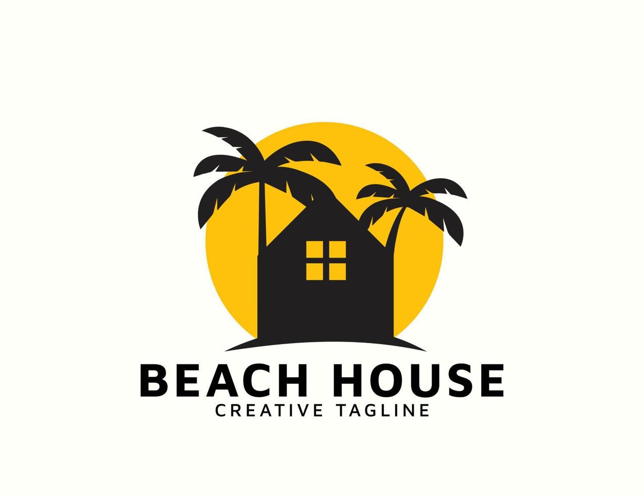 Beach house with sun and coconut tree logo design vector