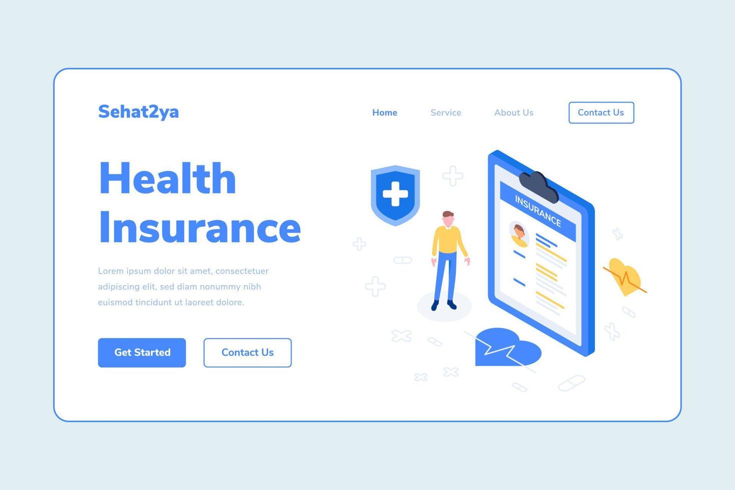 Landing Page Template Health Insurance Man Document Isometric Illustration vector
