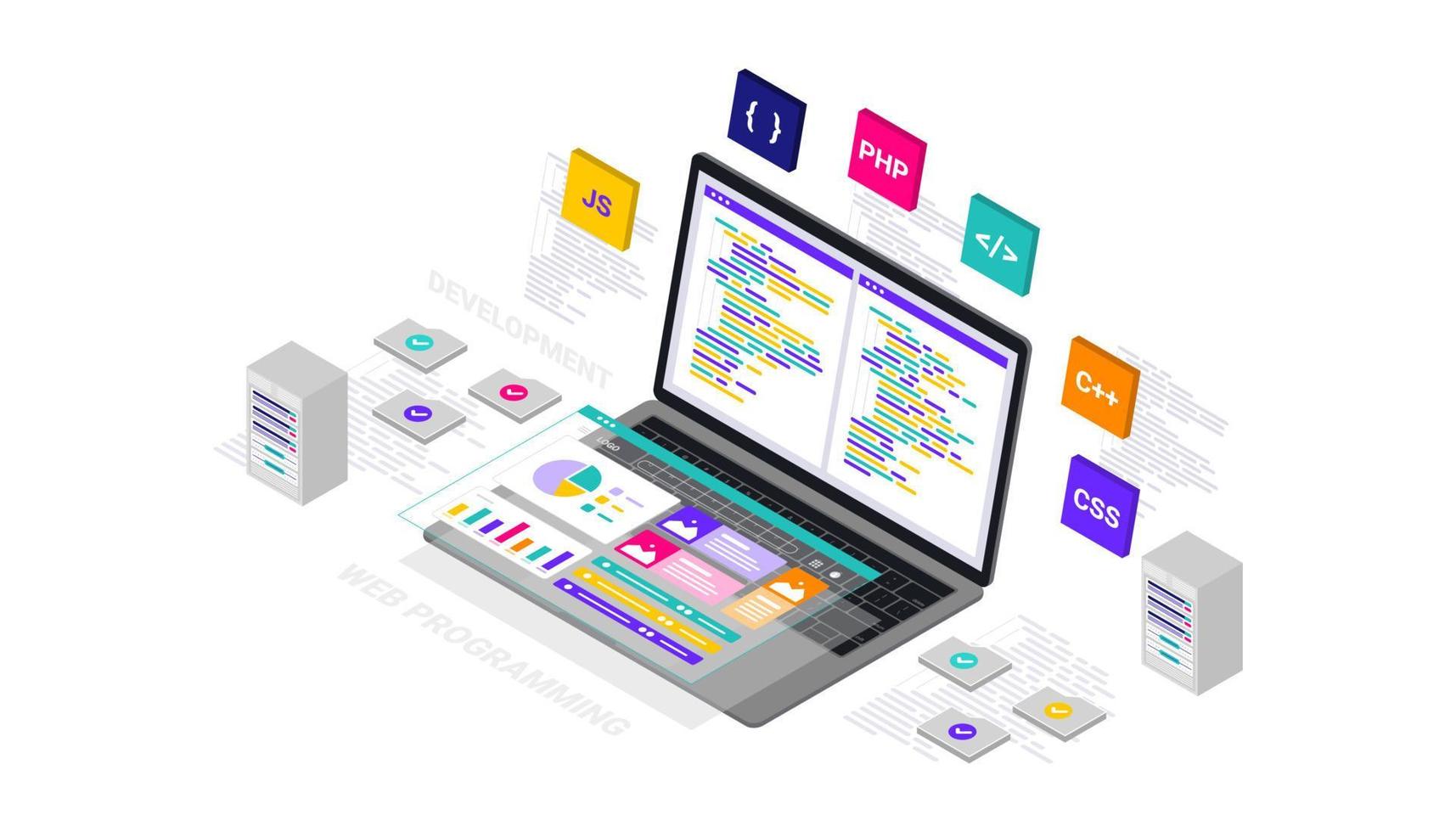 3d Isometric illustration programming website dashboard development. vector