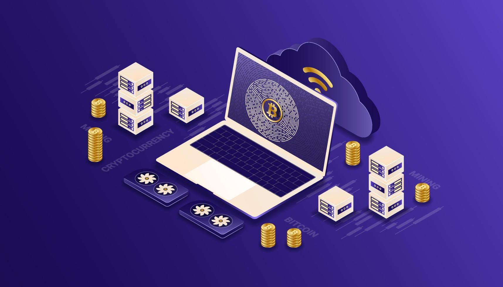 Cryptocurrency, bitcoin, blockchain, mining, technology, internet IoT isometric 3d illustration vector design