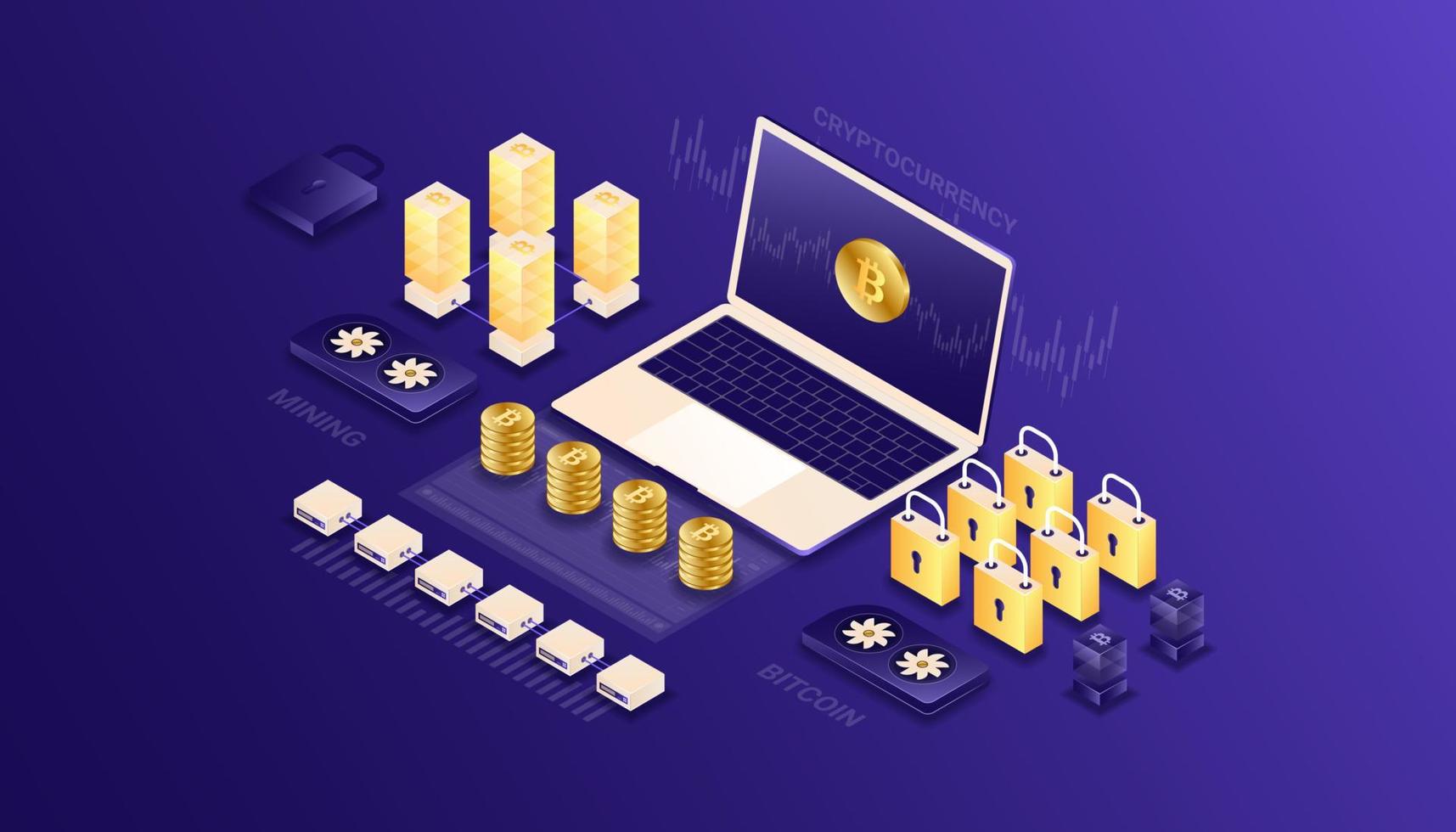 Cryptocurrency, bitcoin, blockchain, mining, technology, internet IoT, security, dashboard isometric 3d illustration vector design