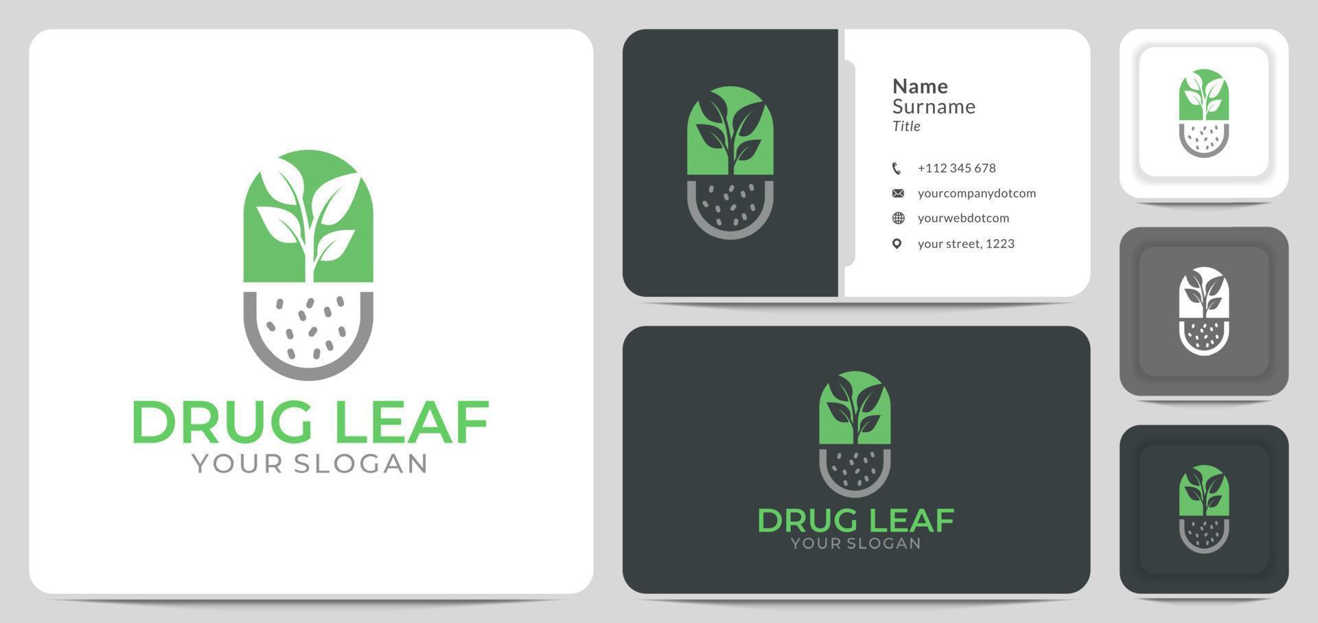 capsule pill with leaf medicine drug logo design vector