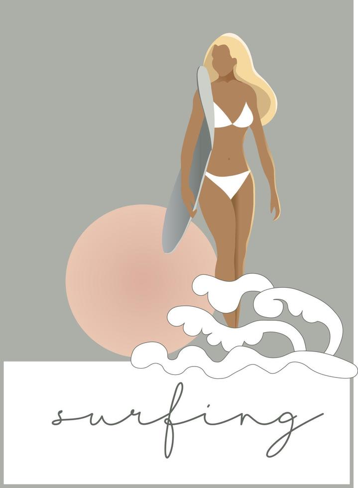 Girl is surfing illustration. banner, Simmertime. Body positive aesthetic vector