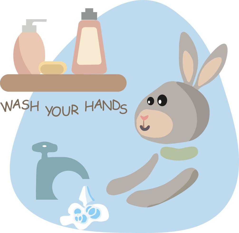 bathroom set flat for childish. Vector illustration. Funny bunny. Vector illustration. Isolated on white background