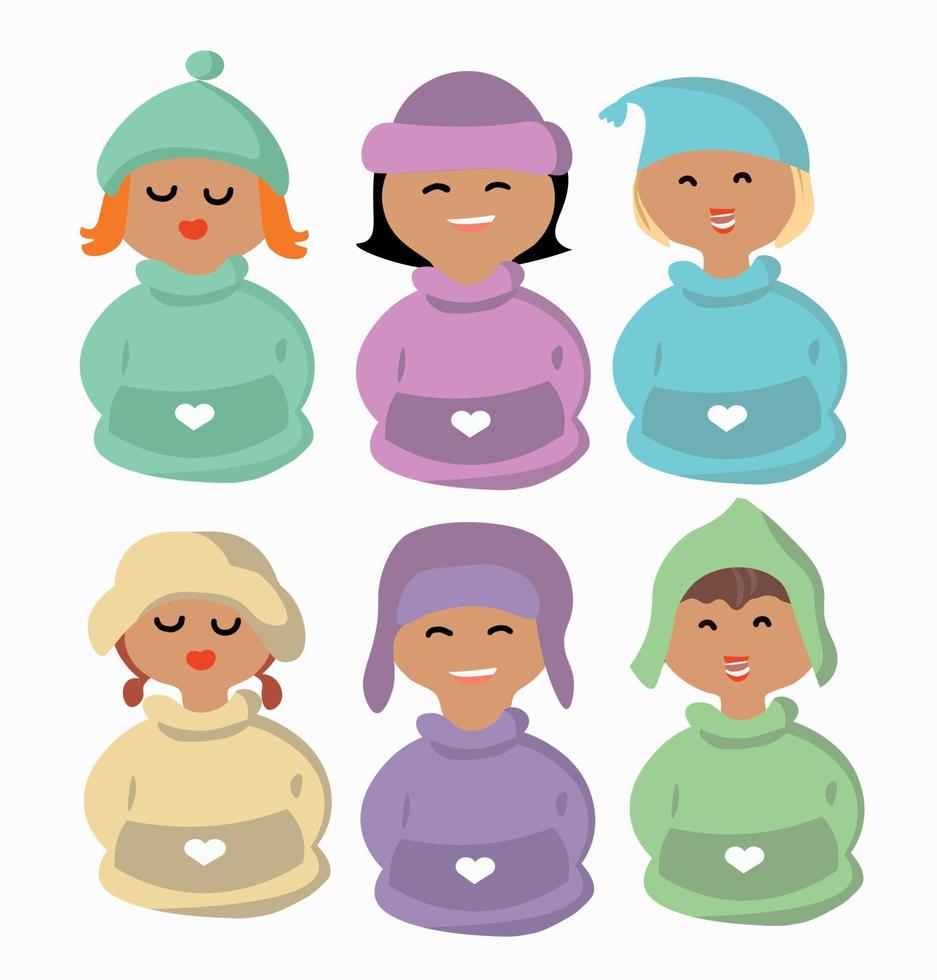 conjunto de niñas con diferentes peinados en sombreros y trajes con capucha. ilustración de dibujos animados vector