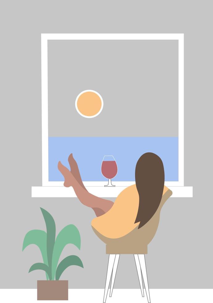 Women rest by window at cozy home, talking and drinking wine. Flat vector illustration isolated on white background