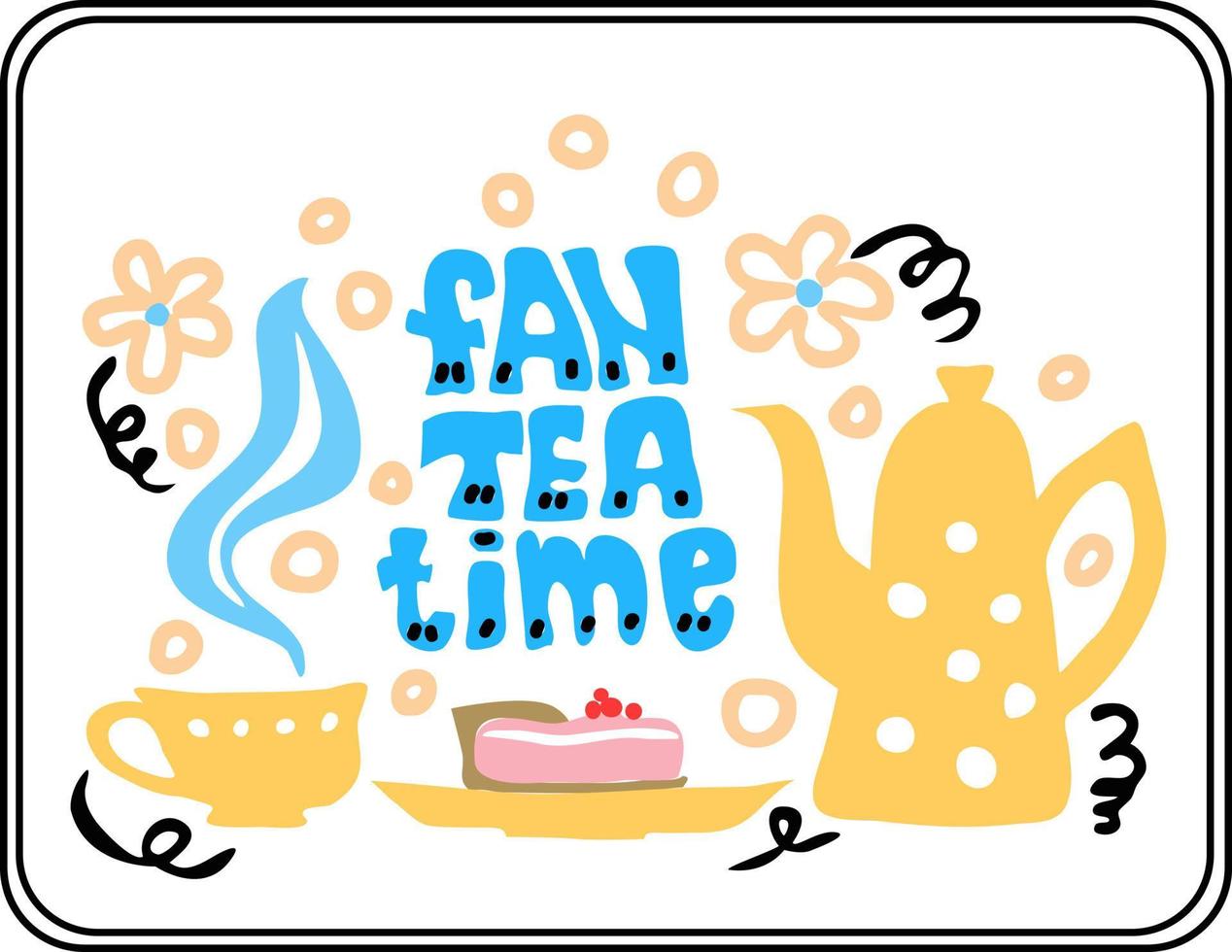 Tea service, garden flowers and cakes. Set of tea time elements. Vector illustration.