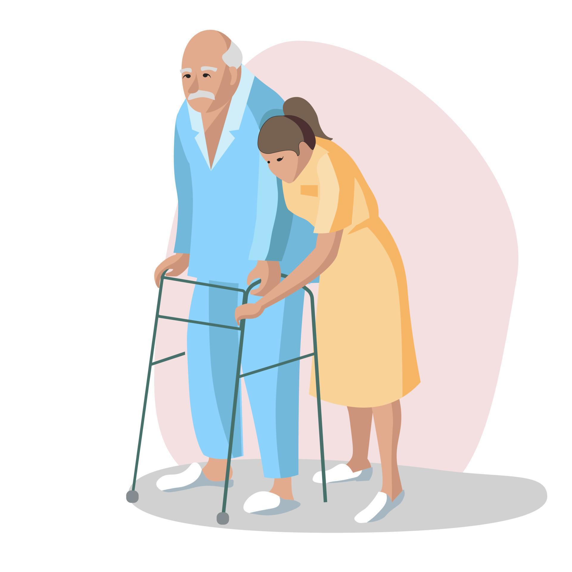 Young nurse helping senior patient using a walking frame to walk People