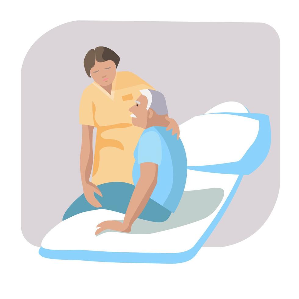 The doctor, patient, relationship in clinical ,a man sits on a bed, a nurse takes care of him, vector illustration