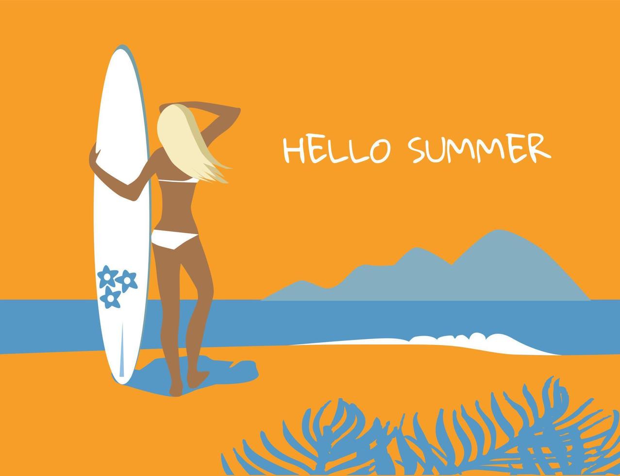 ilustración vectorial - chica en una playa, sosteniendo tabla de surf. océano, surfistas, palmeras y colinas en el fondo. ilustración vectorial vector