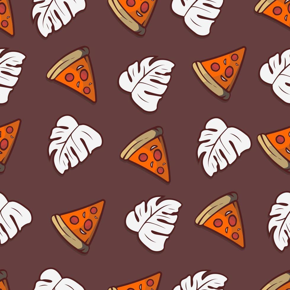 tropical leaf and pizza background vector, seamless pattern with memphis style elements vector