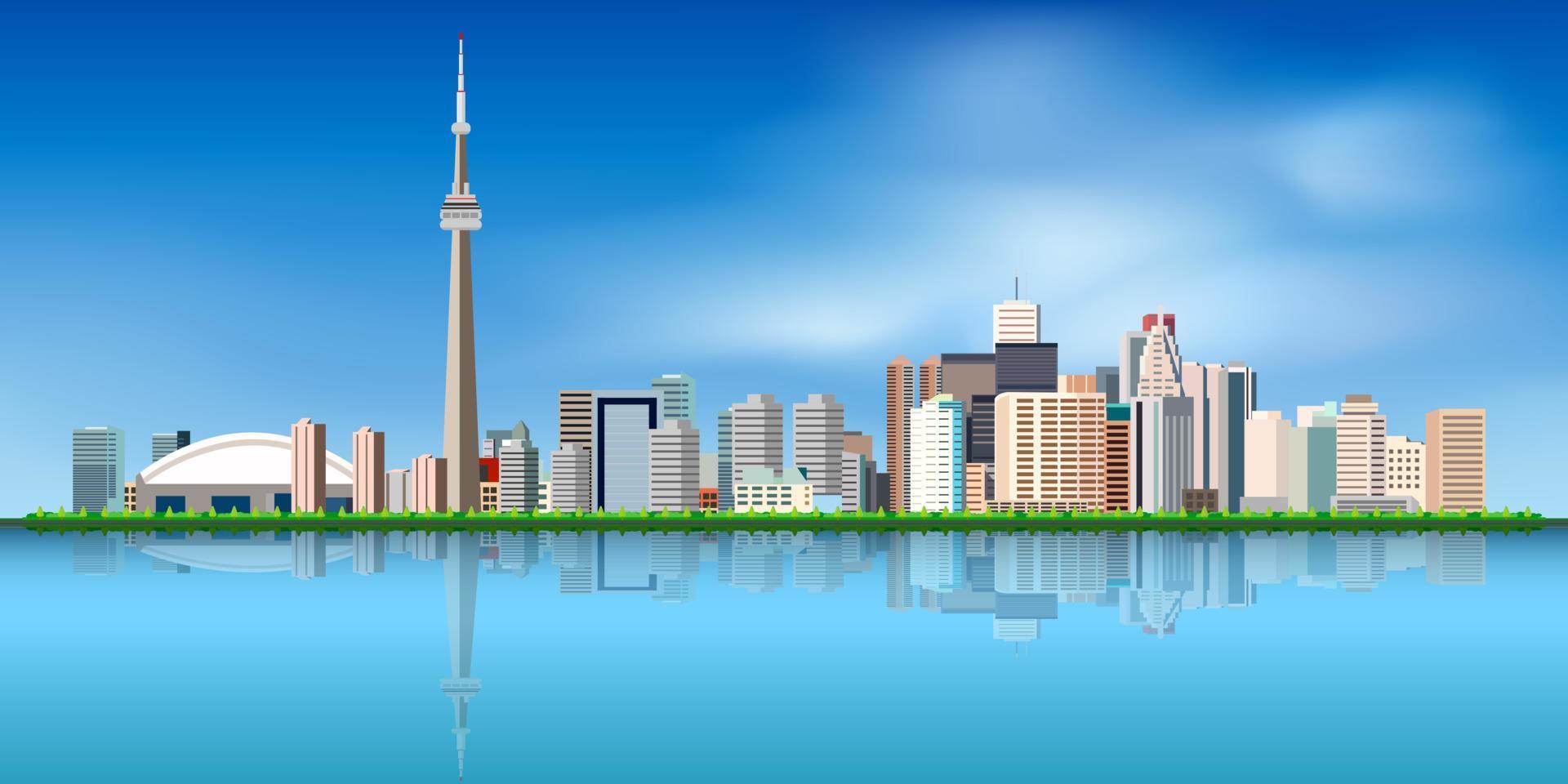 Toronto canada skyline color Buildings, blue sky and reflections. Vector illustration.