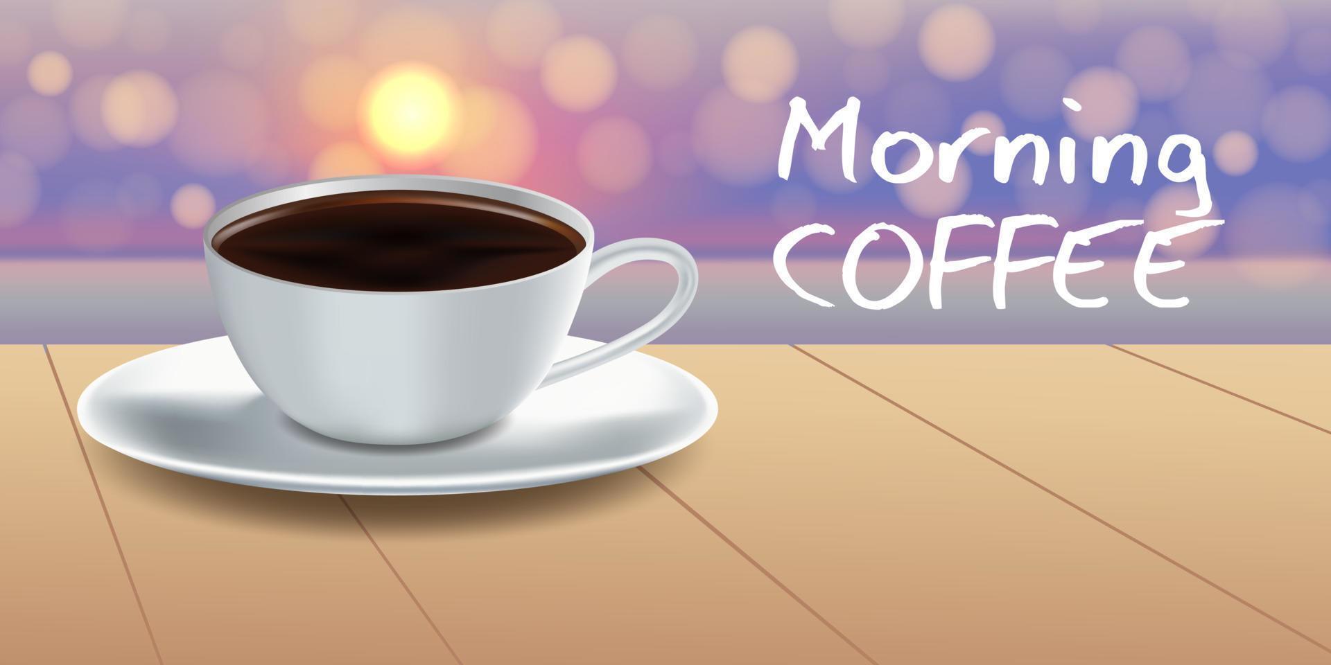 una taza de café con leche en el suelo de madera detrás del ambiente matutino. ilustración vectorial vector