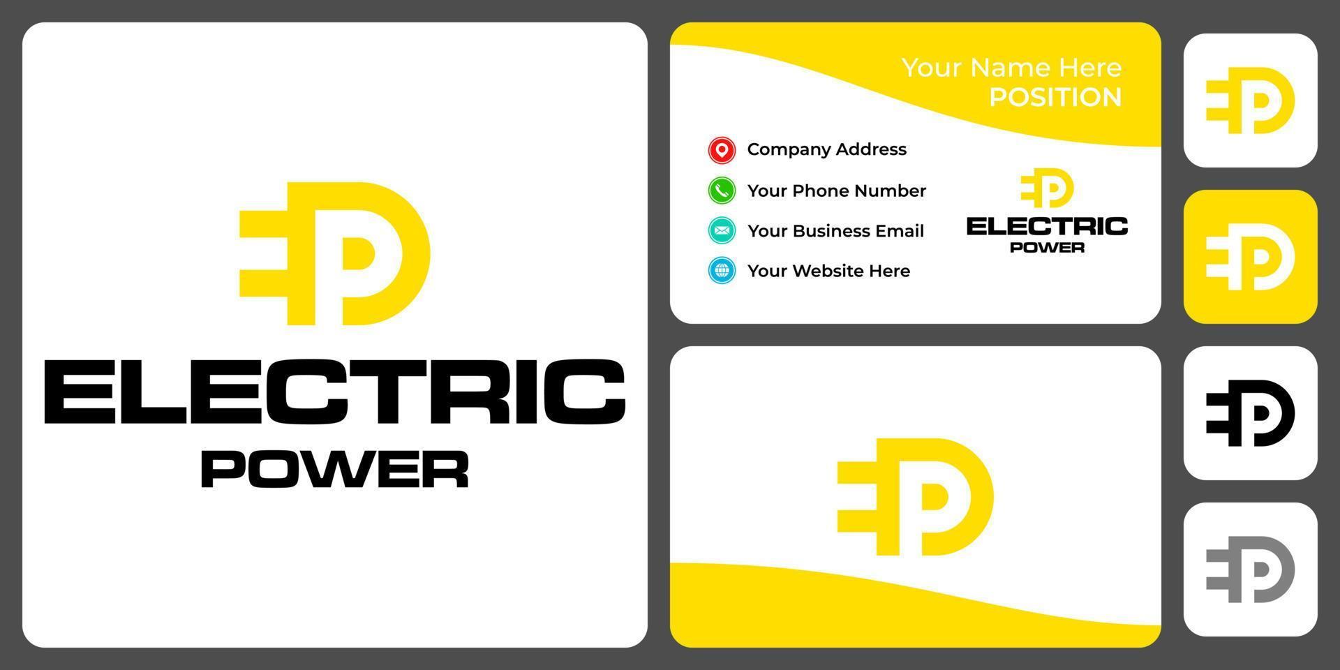 diseño de logotipo eléctrico con monograma de letra ep con plantilla de tarjeta de visita. vector