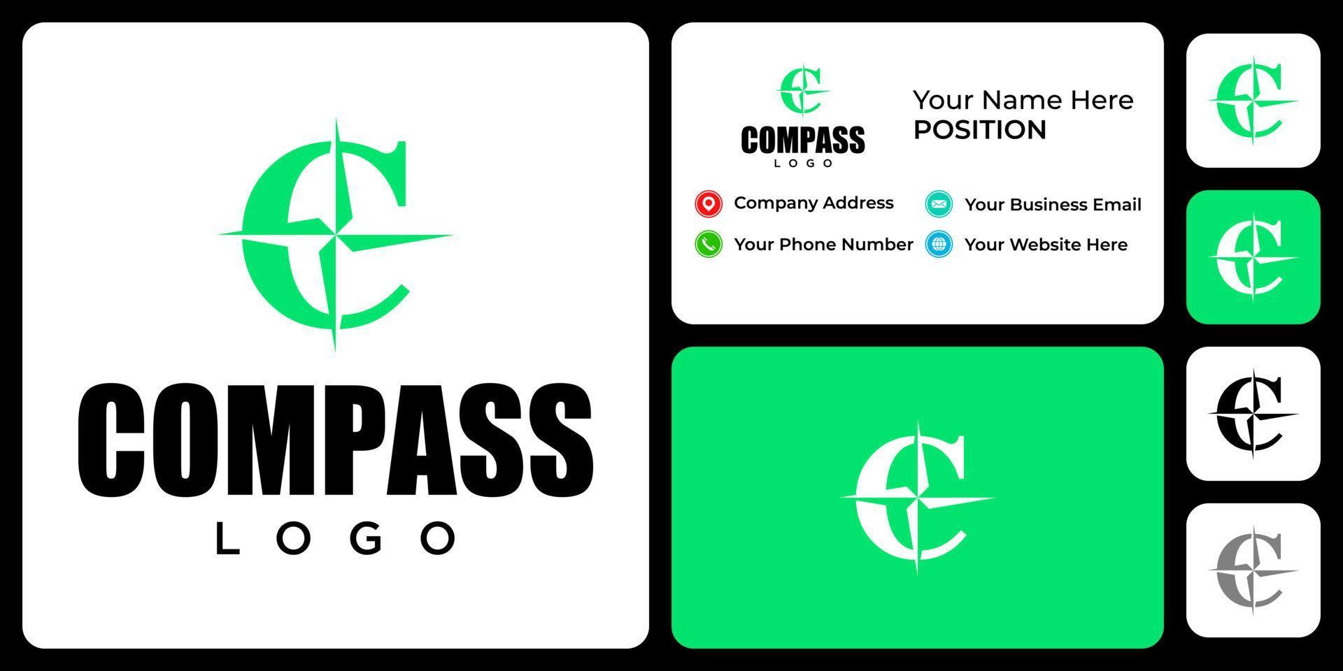 Letter C monogram compass logo design with business card template. vector