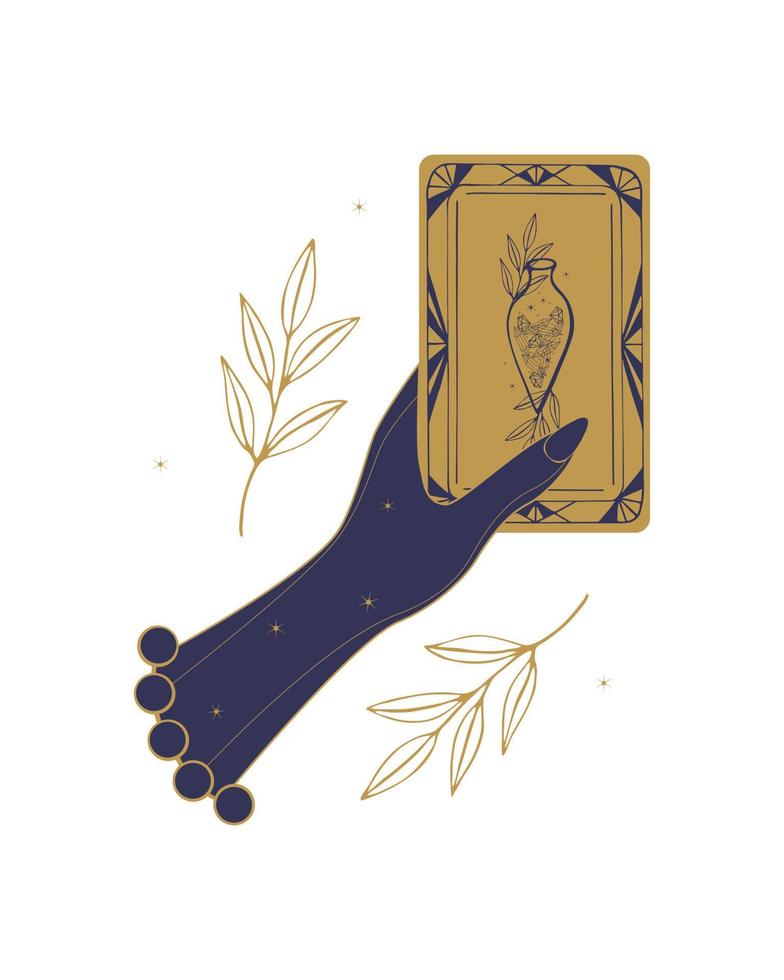 Tarot card hand of female fortune teller. Vector illustration of tarot in vintage style with mystical symbols, concept of witchcraft. Isolated, white background.