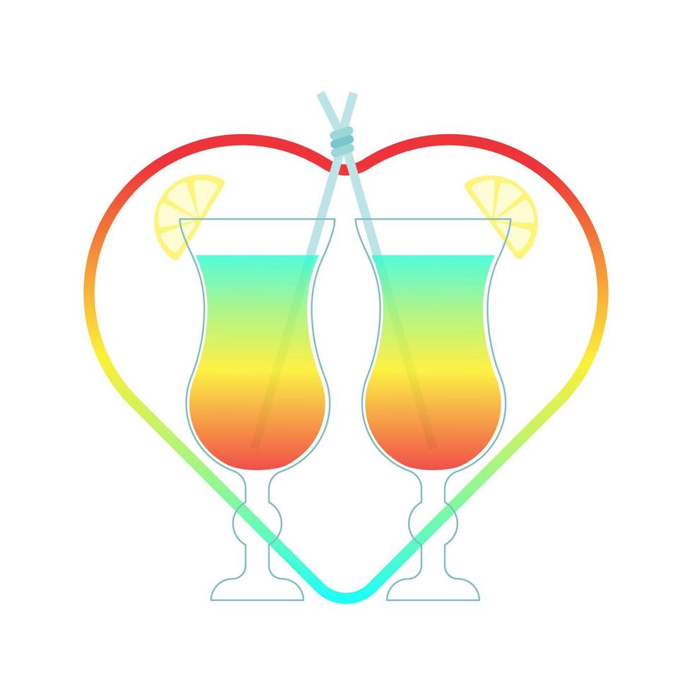 Cocktail, drink two glasses, heart, icon, lovers, LGBT, exotic, summer refreshing cocktail with lemon, love on the beach, summer, isolated, on a white background. Vector