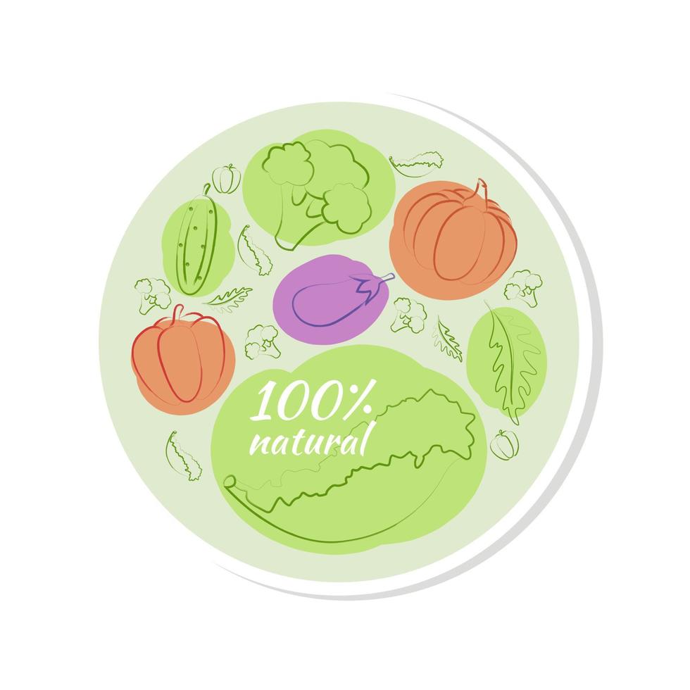 etiqueta de etiqueta adhesiva de burbuja con conjunto de verduras de garabato. 100 producto natural, 100 orgánico, comida saludable. iconos de alimentos orgánicos en vector. vector