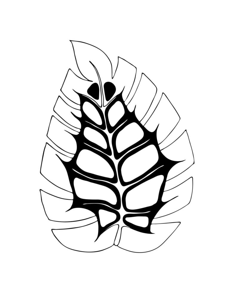 Monstera doodling. Decorative sheet, hand contour drawing black outline. White background, isolated. For decoration, design. Vector