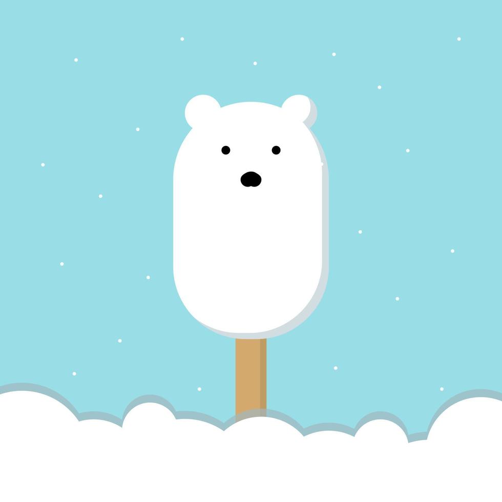 Banner ice cream Polar bear on a wooden stick, snow, snowflakes. Flat style. The shape of a polar bear, on a blue background. Wrap, template, background, backdrop, advertisement. Vector
