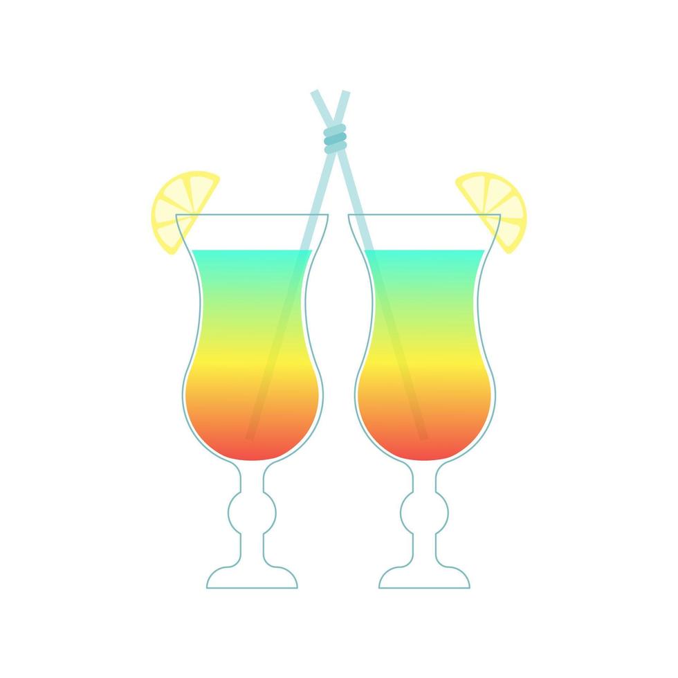 Cocktail, two glasses, lovers, LGBT, exotic, summer refreshing cocktail with lemon, love on the beach, summer, isolated, on a white background. Vector