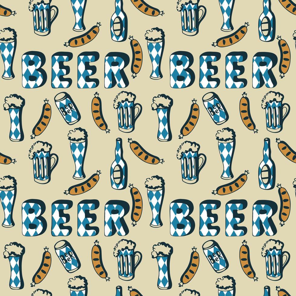 Oktoberfest beer pattern doodle drawings, beer glass sausage bottle jar, lettering BEER. Vector illustration