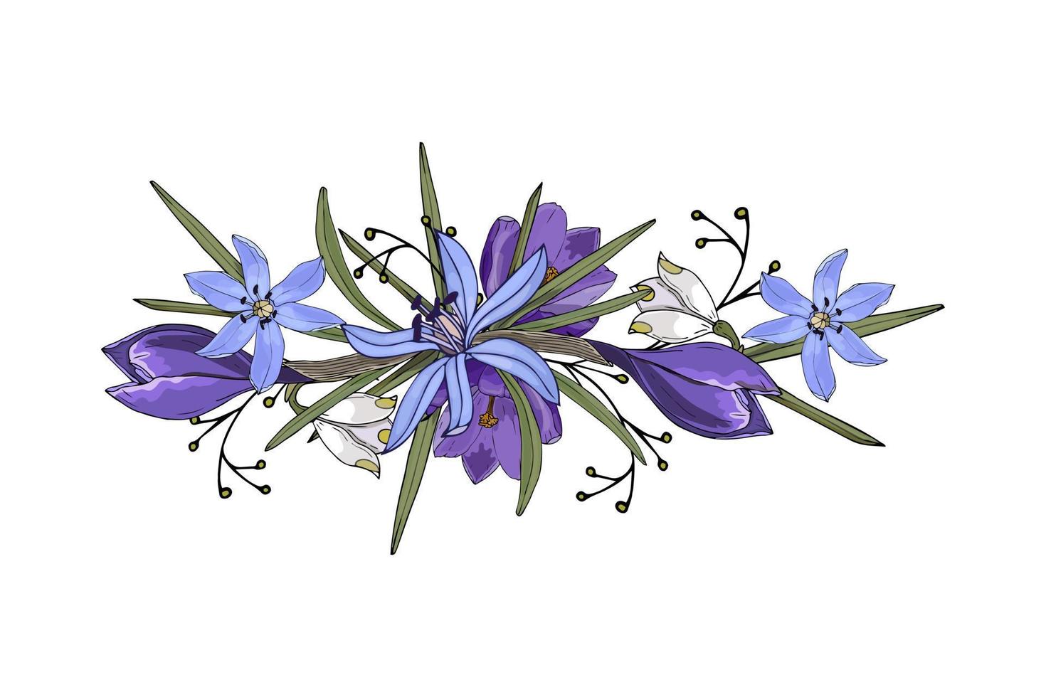 Ornament beautiful delicate doodling flowers crocus leaves twigs hand drawing, isolated, white background, element for your design, for holiday greeting cards. Vector illustration