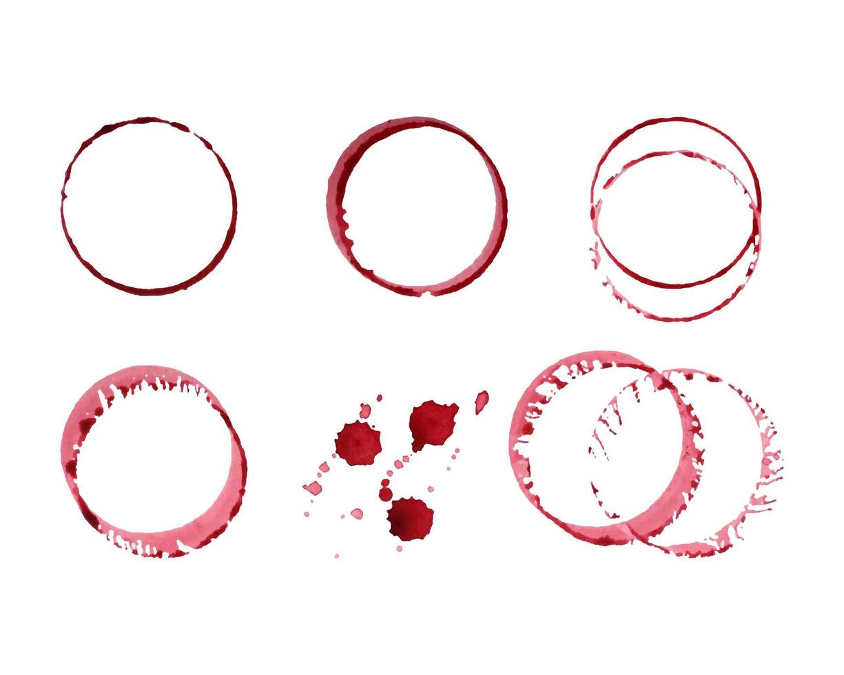 Vector watercolor round red wine stains, drops, splashes, spilled glass stains, icons