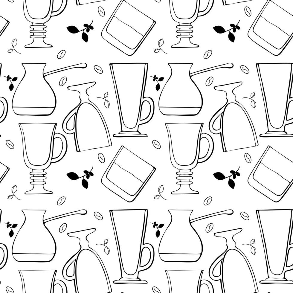 Pattern glasses for coffee drinks and a glass of whiskey, latte, Irish coffee, coffee turk, beans and coffee sprigs. Vector illustration. White background.
