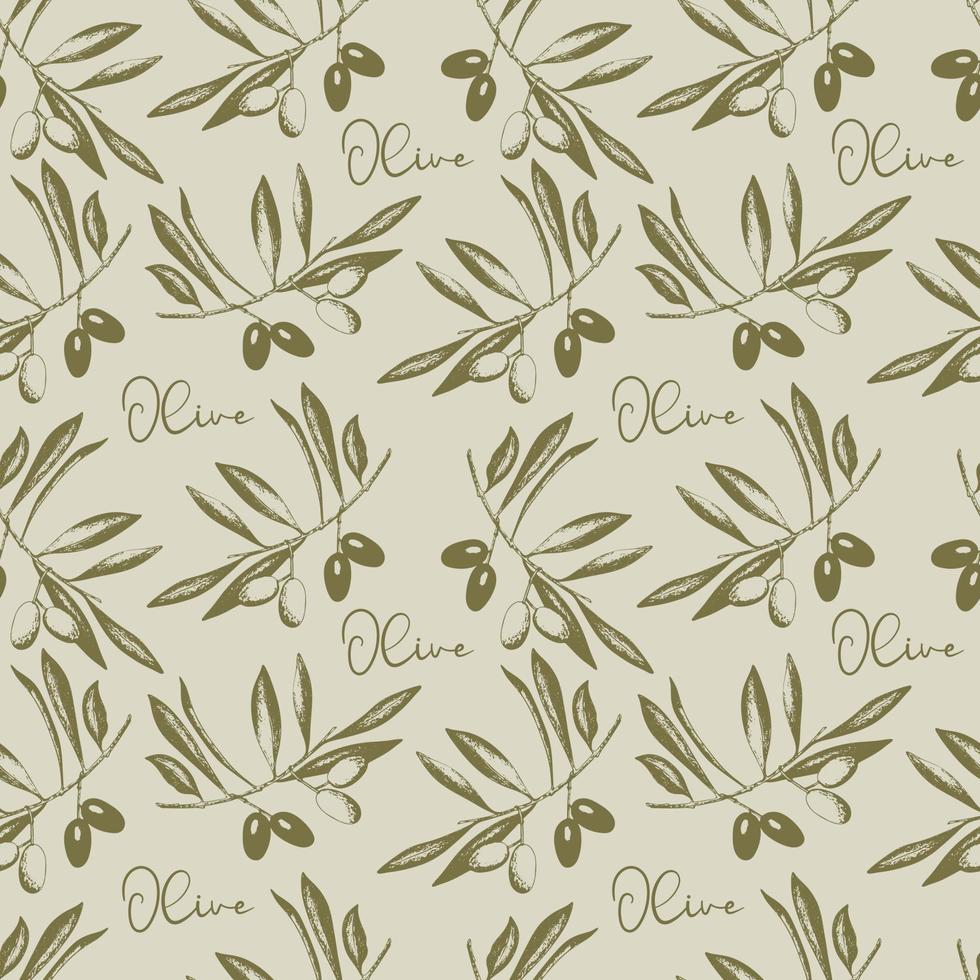 Olives branch with fruits and leaves Seamless pattern, imprint, stamp, sketch. Vector