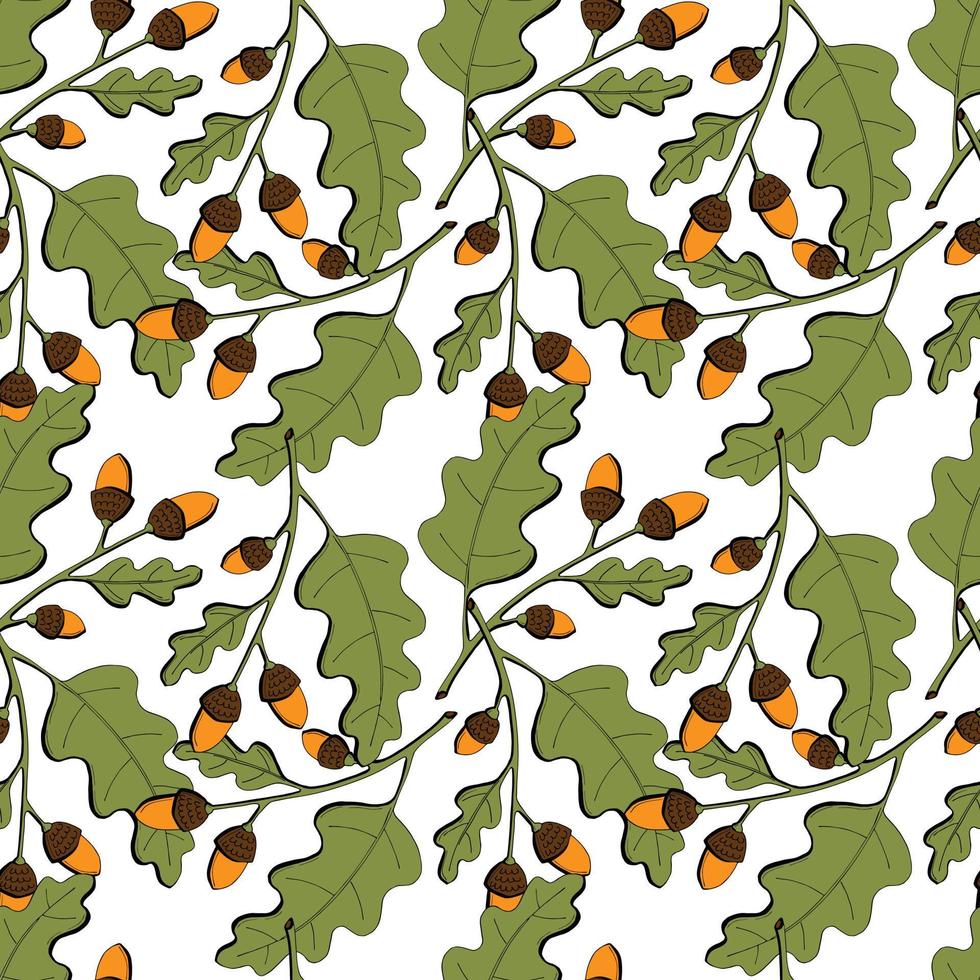 Autumn pattern of oak acorns, branch with leaves and acorn nuts, hand drawing doodling, orange and gray color, on a white background. Vector