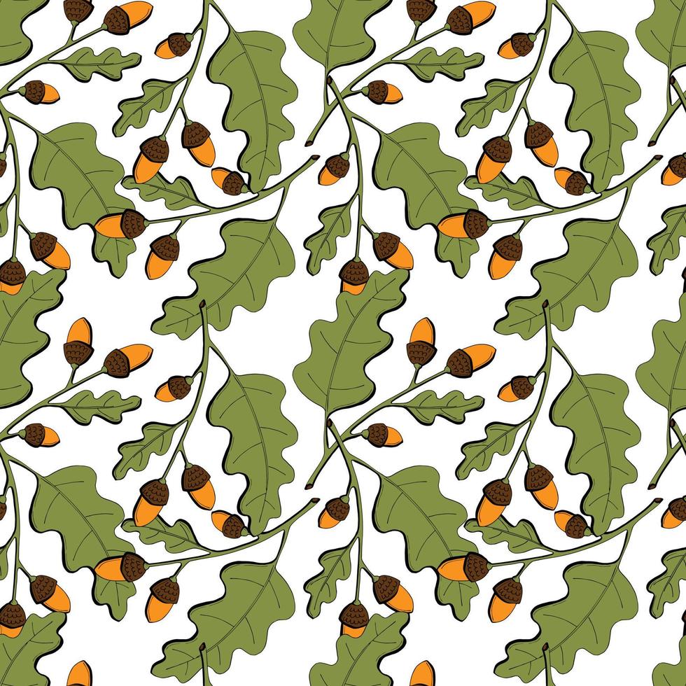 Autumn pattern of oak acorns, branch with leaves and acorn nuts, hand drawing doodling, orange and gray color, on a white background. Vector